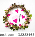 Festive wreath with roses, paper hearts. Flat lay 38282468