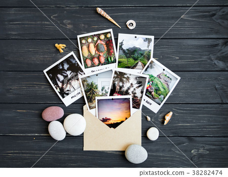 Holiday resort memories: photos, stones. Flat lay 38282474