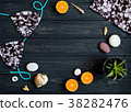 Holiday resort items: swim suit, stones. Flat lay 38282476