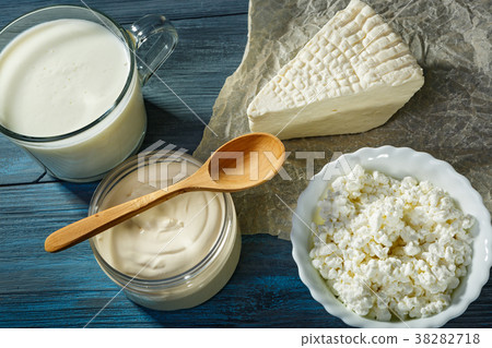 Dairy products on a blue table 38282718