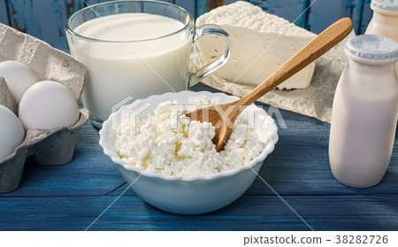 Dairy products on a blue table 38282726