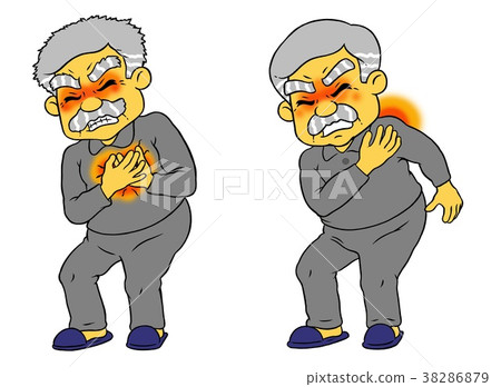 Set of senior men suffering from shoulder pain, chest pain Set of senior men suffering from shoulder pain, chest pain 38286879