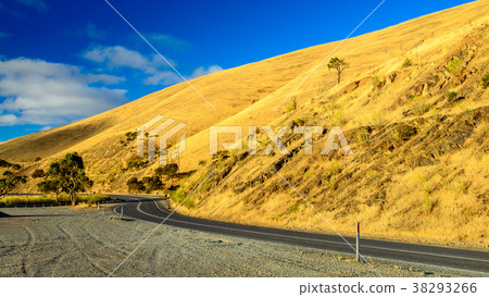 Curved road in the hills at sunset 38293266