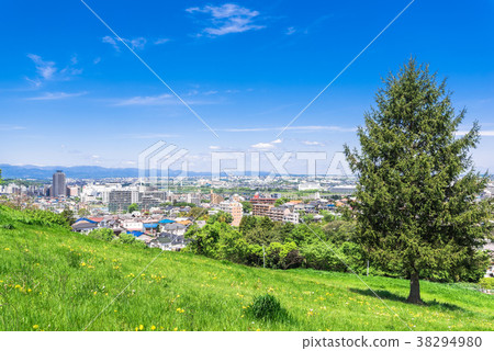 住宅區從清新的綠色山丘看 住宅區從清新的綠色山丘看 38294980