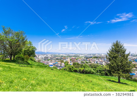 住宅區從清新的綠色山丘看 住宅區從清新的綠色山丘看 38294981