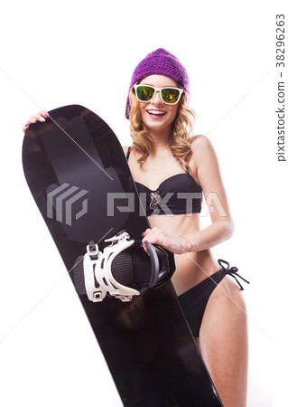 smiley slim girl in bikini with snowboard smiley slim girl in bikini with snowboard 38296263