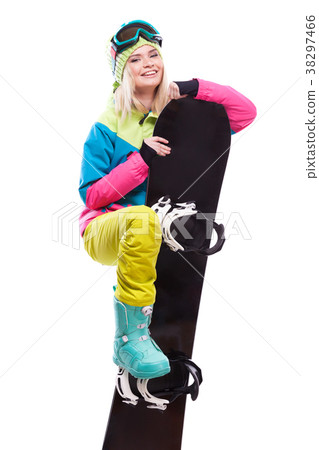pretty young blonde woman in colorful snow coat pretty young blonde woman in colorful snow coat 38297466