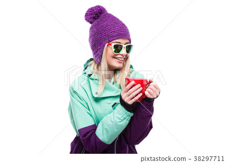 young attractive woman in purple ski suit hold red young attractive woman in purple ski suit hold red 38297711