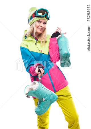 beautiful young blonde woman in colorful snow coat 38298481