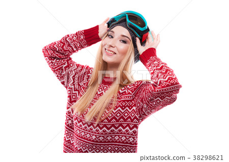 attractive young woman in red pullover and blue attractive young woman in red pullover and blue 38298621