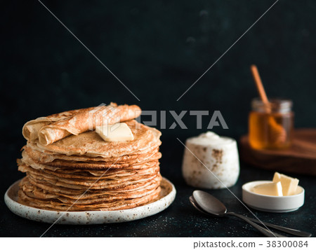 russian pancakes blini on black with copy space 38300084