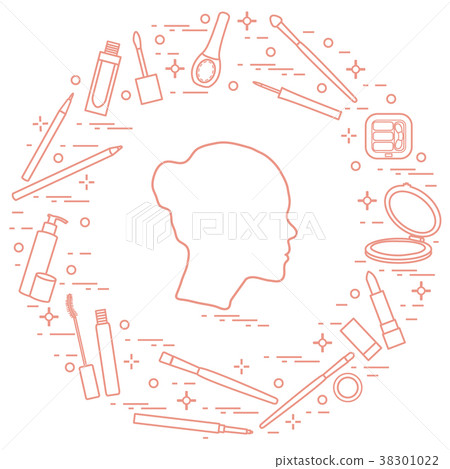 Silhouette of female head and various accessories 38301022