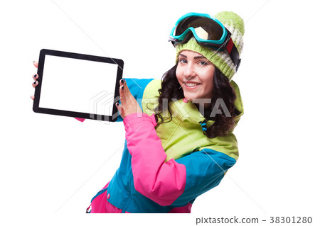 beautiful young woman in ski outfit and ski 38301280