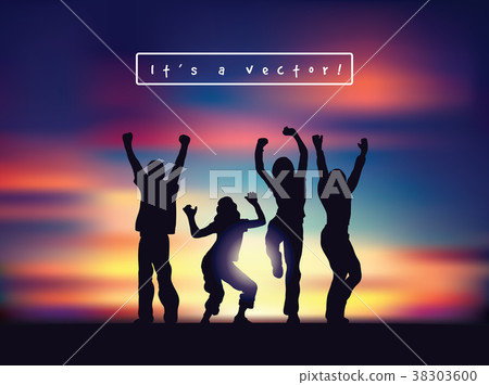 Young happy active people silhouettes and sunset Young happy active people silhouettes and sunset 38303600