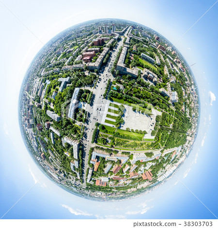 Aerial city view with roads, houses and buildings. Aerial city view with roads, houses and buildings. 38303703