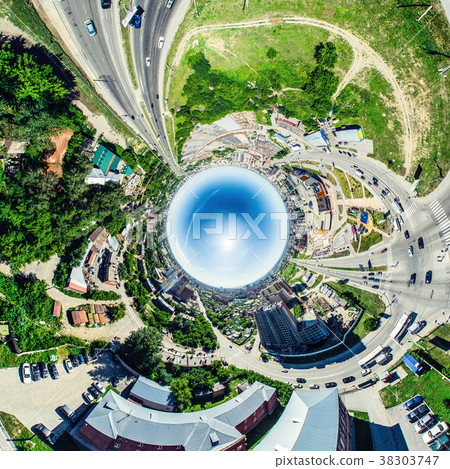 Aerial city view with crossroads and roads, houses Aerial city view with crossroads and roads, houses 38303747