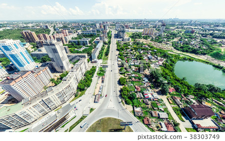 Aerial city view with crossroads and roads, houses Aerial city view with crossroads and roads, houses 38303749