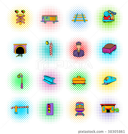 Railroad icons set, comics style 38305861