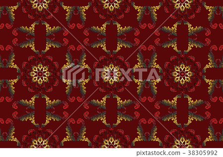 Gold with red ethnic satin ornaments on burgundy Gold with red ethnic satin ornaments on burgundy 38305992