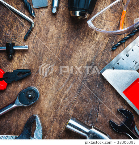 Set of construction tools on wooden board  38306393
