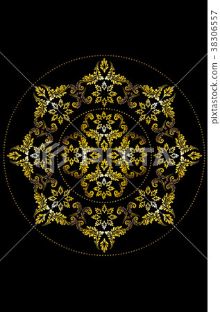 Gold round frame of beads on black background Gold round frame of beads on black background 38306557