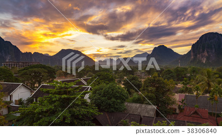 Landscape view panorama at Sunset in Vang Vieng 38306840