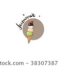 A layered multicolored ice cream cone with a candy 38307387