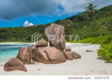 Tropical beach on La Digue island, Seychelles 38307576