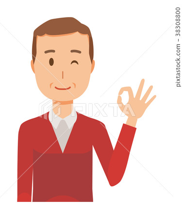 一個穿著毛衣的中年男子正在給一個好的標記 一個穿著毛衣的中年男子正在給一個好的標記 38308800