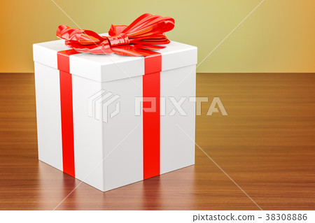 Gift box with red ribbon and bow on the table - Stock Illustration ...