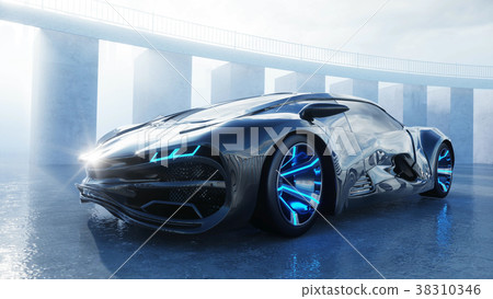 black futuristic electric car on seafront. Urban 38310346