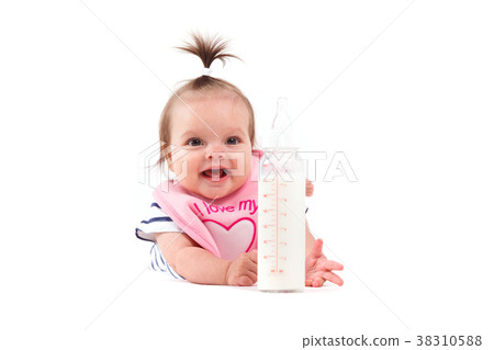 cute happy little girl in pink bib cute happy little girl in pink bib 38310588