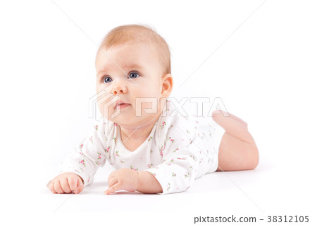 cute pretty little girl in white pijamas 38312105
