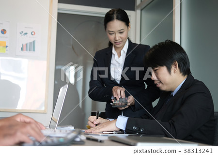 financial inspector analyze accounting plan report. businessman working with new startup project. internal auditor audit performance revenue. business meeting at office. 38313241