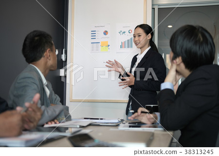 businesswoman present financial plan report to co worker team. woman leader discuss sales data with investor colleagues. finance investment business meeting 38313245