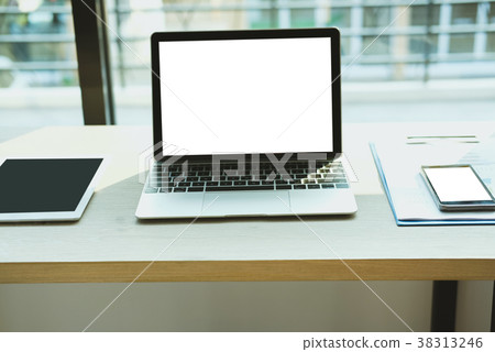 smartphone on document at office. computer laptop on wood desk at workplace. smartphone on document at office. computer laptop on wood desk at workplace. 38313246
