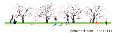 Japanese spring. Illustration of people walking in a row of cherry blossoms. Japanese spring. Illustration of people walking in a row of cherry blossoms. 38315111