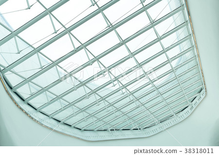 Ceiling structure of shopping mall uprisen view. Ceiling structure of shopping mall uprisen view. 38318011