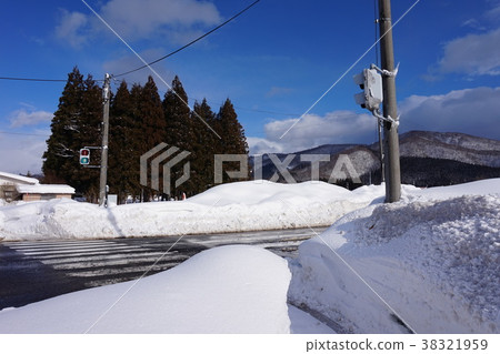 Snow removed sidewalk pedestrian crossing pedestrian signal Blue sky Snow Winter 38321959