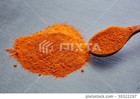Shichimi pepper in Wooden spoon on black plate, 38322297