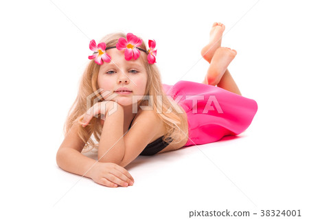 Cute pretty little girl in black bikini, pink Cute pretty little girl in black bikini, pink 38324001