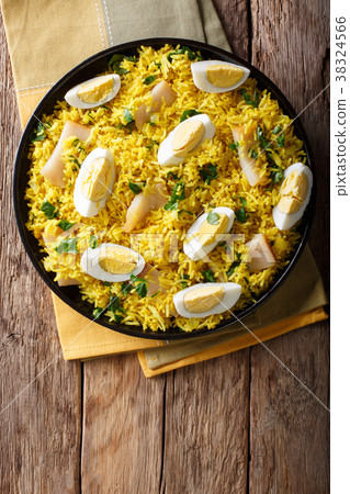 Tasty homemade Kedgeree with fish, boiled eggs Tasty homemade Kedgeree with fish, boiled eggs 38324566