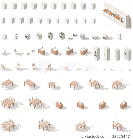 Kitchen and bathroom low poly isometric icon set 38325447