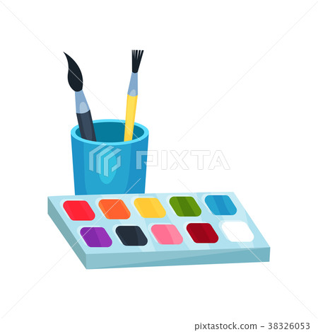 Bright watercolor paints in box and brushes in cup 38326053