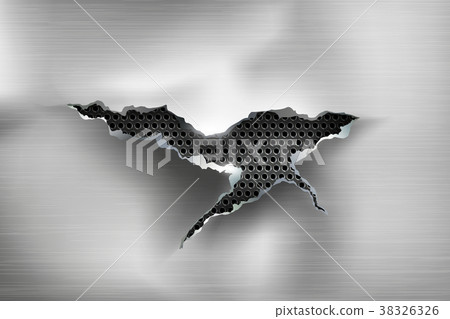 Hole torn in ripped steel on metal Hole torn in ripped steel on metal 38326326