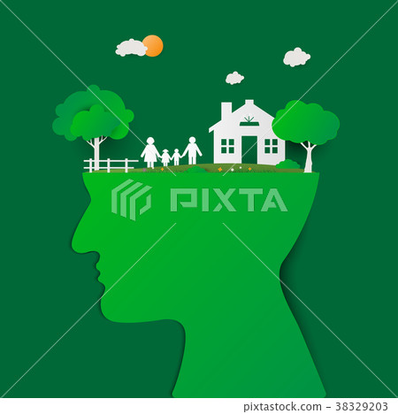 Human head with green house and happy family. 38329203