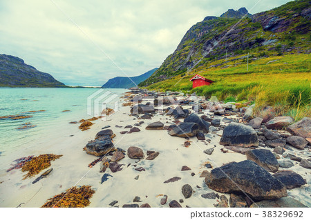 Rocky beach in evening, White sand on the beach 38329692