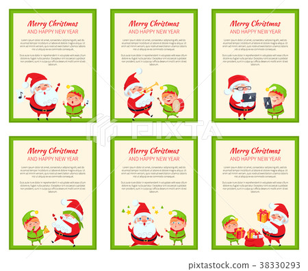 Set of Cards with Happy Santa and ridiculous Elf Set of Cards with Happy Santa and ridiculous Elf 38330293