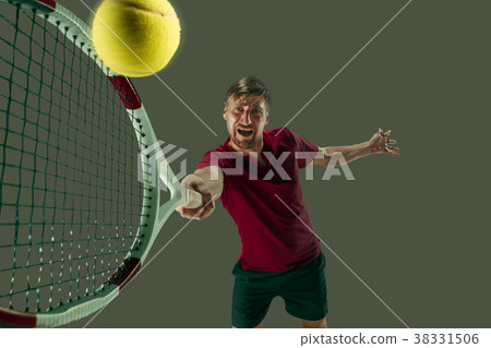 one caucasian man playing tennis player isolated one caucasian man playing tennis player isolated 38331506