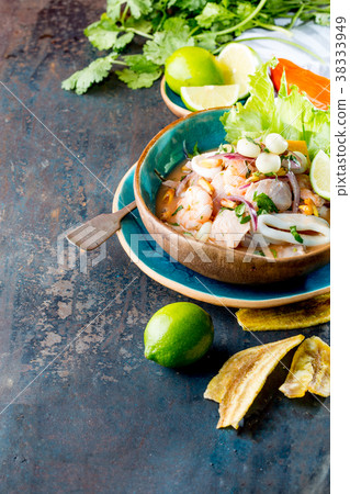 PERUVIAN CEVICHE SEBICHE. Peruvian seafood and PERUVIAN CEVICHE SEBICHE. Peruvian seafood and 38333949